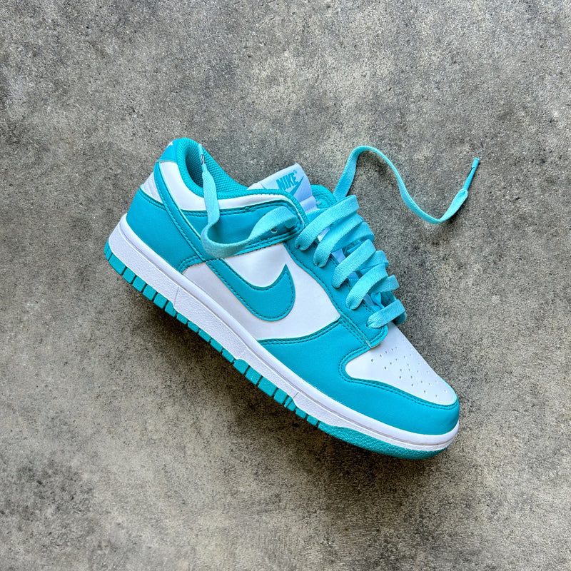 Looped Laces Aqua blue flat shoelaces tied in one Nike Dunk Low Clear Jade sneaker