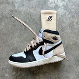 Looped Laces Latte flat shoelaces tied in one Air Jordan 1 High Latte sneaker with Comfort Cream sock