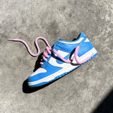 Looped Laces Light Pink rope shoelaces tied in Nike Dunk Low University Blue sneaker on side slanted