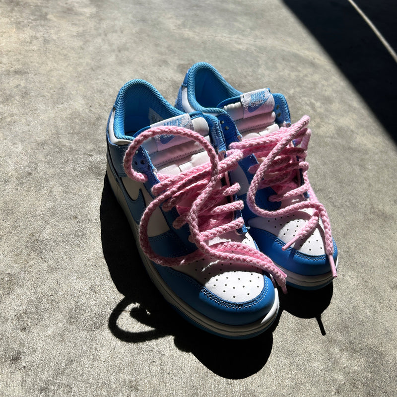 Looped Laces Light Pink rope shoelaces tied in Nike Dunk Low University Blue sneakers