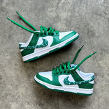 Looped Laces Pine Green thick oval shoelaces tied in Nike Dunk Low Paisley Pack sneakers