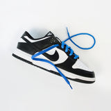 Looped Laces Royal Blue thick oval shoelaces in Nike Dunk Low Panda on white background