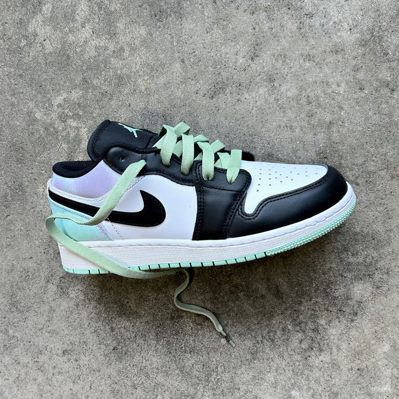 Looped Laces Seafoam green flat shoelaces tied in Air Jordan 1 Low SE Tie Dye sneaker close