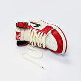 Looped Laces Vintage '85 light cream flat shoelaces in Air Jordan 1 Chicago Lost and Found sneaker on white background with close up on laces