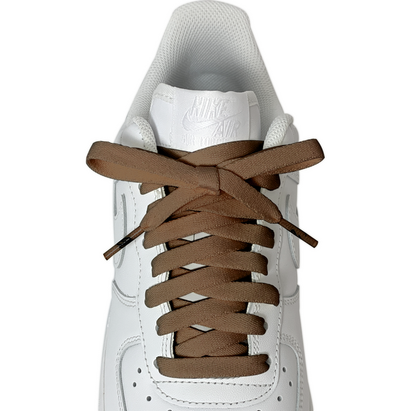 Looped Laces Mocha Brown flat shoelaces tied in white Nike Air Force 1 Low