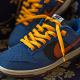 Looped Laces Union Gold thick oval shoelaces in Nike Dunk navy and orange custom sneaker